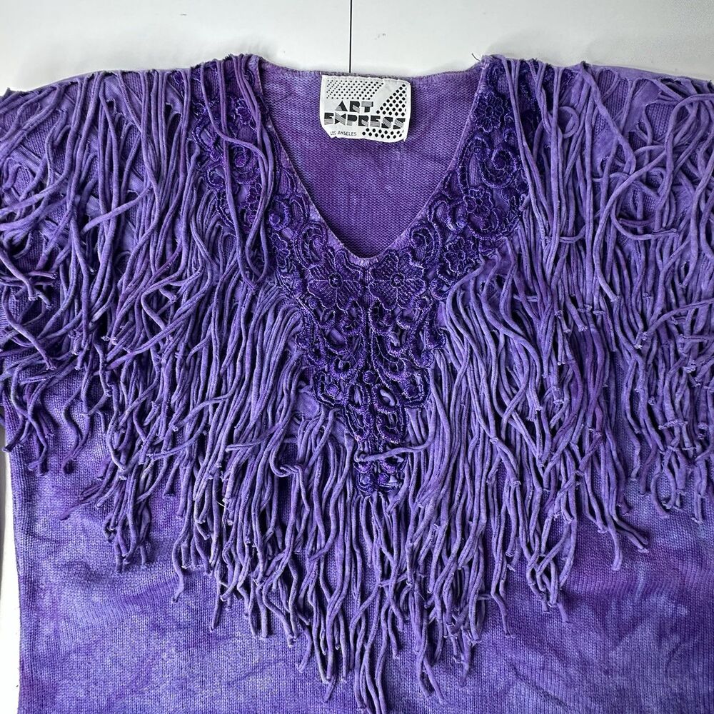 Vintage Art Express Purple Tie Dye Sweater One Size Fringe 80s Glam Western USA - Picture 12 of 14